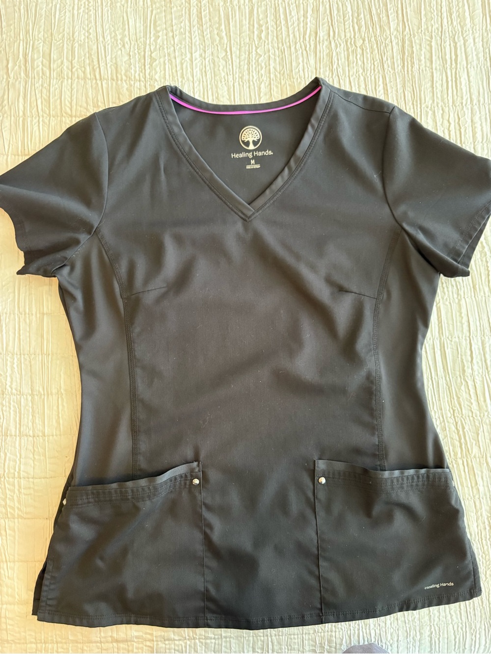healing hands Black V-Neck Scrub Set with Pink Trim